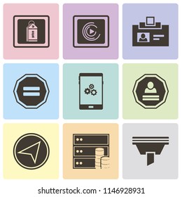Set Of 9 simple editable icons such as Funnel, Database, Paper plane, Login, Smartphone, Equal, Id card, Music player, Price tag, can be used for mobile, pixel perfect vector icon pack