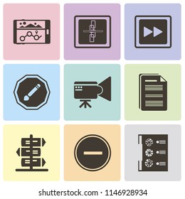 Set Of 9 simple editable icons such as Menu, Substract, Document, Video camera, Compose, Fast forward, Broken link, Navigation, can be used for mobile, pixel perfect vector icon pack