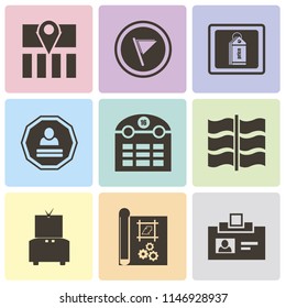 Set Of 9 simple editable icons such as Id card, print, Television, Flag, Calendar, Login, Price tag, Map, can be used for mobile, pixel perfect vector icon pack