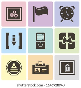 Set Of 9 simple editable icons such as Price tag, Id card, Login, Gift, Server, Download, Alarm, Flag, App, can be used for mobile, pixel perfect vector icon pack