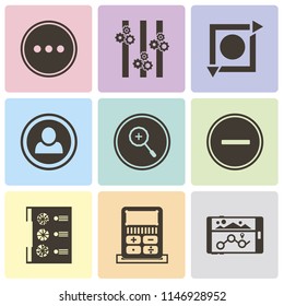 Set Of 9 simple editable icons such as Navigation, Calculator, Menu, Substract, Zoom in, User, Repeat, Controls, More, can be used for mobile, pixel perfect vector icon pack