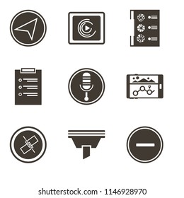 Set Of 9 simple editable icons such as Substract, Funnel, Unlink, Navigation, Microphone, List, Menu, Music player, Paper plane, can be used for mobile, pixel perfect vector icon pack