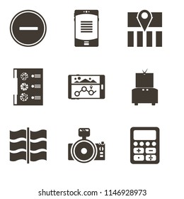 Set Of 9 simple editable icons such as Calculator, Photo camera, Flag, Television, Navigation, Menu, Map, Smartphone, Substract, can be used for mobile, pixel perfect vector icon pack