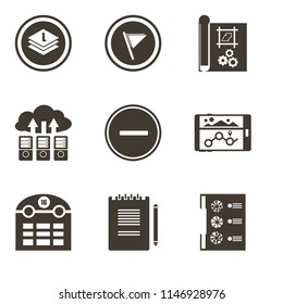 Set Of 9 simple editable icons such as Menu, Notepad, Calendar, Navigation, Substract, Cloud computing, print, Flag, Layers, can be used for mobile, pixel perfect vector icon pack