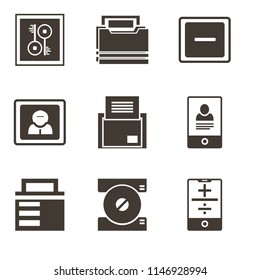 Set Of 9 simple editable icons such as Smartphone, Compact disc, Lock, Folder, User, Minus, Key, can be used for mobile, pixel perfect vector icon pack