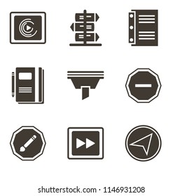 Set Of 9 simple editable icons such as Paper plane, Fast forward, Compose, Minus, Funnel, Notebook, Music player, can be used for mobile, pixel perfect vector icon pack