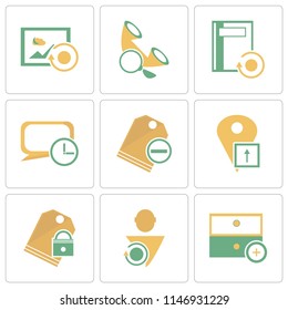 Set Of 9 simple editable icons such as Archive, User, Price tag, Placeholder, Speech bubble, Notebook, Phone call, Image, can be used for mobile, pixel perfect vector icon pack