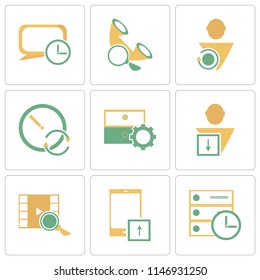 Set Of 9 simple editable icons such as Server, Smartphone, Video player, User, Archive, Stopwatch, Phone call, Speech bubble, can be used for mobile, pixel perfect vector icon pack