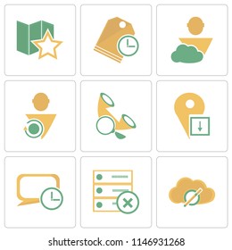 Set Of 9 simple editable icons such as Cloud computing, Archive, Speech bubble, Placeholder, Phone call, User, Price tag, Map, can be used for mobile, pixel perfect vector icon pack