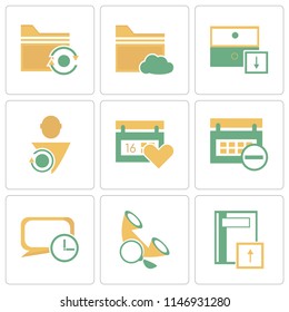 Set Of 9 simple editable icons such as Notebook, Phone call, Speech bubble, Calendar, User, Archive, Folder, can be used for mobile, pixel perfect vector icon pack