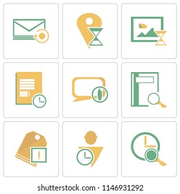 Set Of 9 simple editable icons such as Stopwatch, User, Price tag, Notebook, Speech bubble, Notepad, Smartphone, Placeholder, Mail, can be used for mobile, pixel perfect vector icon pack