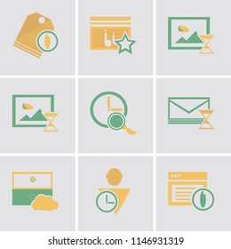 Set Of 9 simple editable icons such as Browser, User, Archive, Mail, Stopwatch, Smartphone, Image, Music player, Price tag, can be used for mobile, pixel perfect vector icon pack