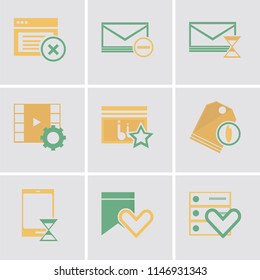 Set Of 9 simple editable icons such as Server, Bookmark, Smartphone, Price tag, Music player, Video Mail, Envelope, Browser, can be used for mobile, pixel perfect vector icon pack