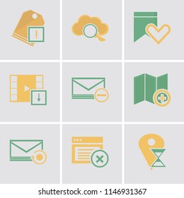 Set Of 9 simple editable icons such as Placeholder, Browser, Mail, Map, Envelope, Video player, Bookmark, Cloud computing, Price tag, can be used for mobile, pixel perfect vector icon pack