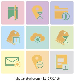 Set Of 9 simple editable icons such as Notepad, Placeholder, Mail, Price tag, Cloud computing, Folder, Bookmark, can be used for mobile, pixel perfect vector icon pack