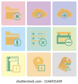 Set Of 9 simple editable icons such as Price tag, Placeholder, Notebook, Calendar, Archive, Folder, Cloud computing, can be used for mobile, pixel perfect vector icon pack