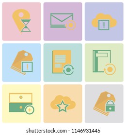Set Of 9 simple editable icons such as Price tag, Cloud computing, Archive, Notebook, Notepad, Mail, Placeholder, can be used for mobile, pixel perfect vector icon pack