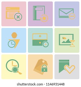 Set Of 9 simple editable icons such as Bookmark, Price tag, Stopwatch, Smartphone, Archive, User, Envelope, Notebook, Browser, can be used for mobile, pixel perfect vector icon pack