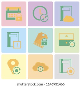 Set Of 9 simple editable icons such as Notebook, Cloud computing, Placeholder, Archive, Price tag, Calendar, can be used for mobile, pixel perfect vector icon pack