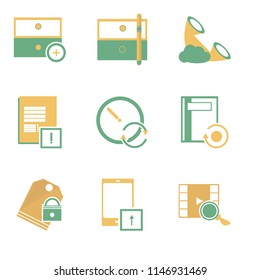 Set Of 9 simple editable icons such as Video player, Smartphone, Price tag, Notebook, Stopwatch, Notepad, Phone call, Archive, can be used for mobile, pixel perfect vector icon pack