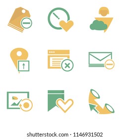 Set Of 9 simple editable icons such as Phone call, Bookmark, Image, Envelope, Browser, Placeholder, User, Stopwatch, Price tag, can be used for mobile, pixel perfect vector icon pack