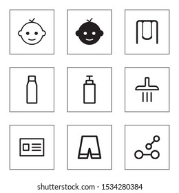Set Of 9 simple editable icons such as Baby, Swing, Bottle, Shower, ID card, Shorts, Dumbbell on white background