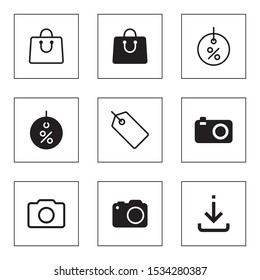 Set Of 9 simple editable icons such as Bag, Discount price tag, Camera, Download on white background
