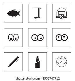 Set Of 9 simple editable icons such as Fish, Notepad, Basketball basket, Eye, Pen, Lipstick, Speedometer on white background