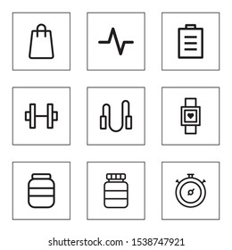 Set Of 9 simple editable icons such as Bag, Heartbeat, Notepad, Dumbbell, Jumping rope, Clock, Glass jar, Chronometer on white background