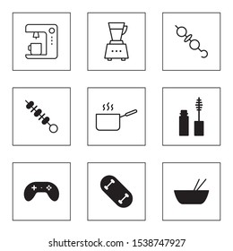 Set Of 9 simple editable icons such as Coffee maker, Blender, Kebab, Hot cooking, Lipstick, Joystick, Skateboard, Soup on white background