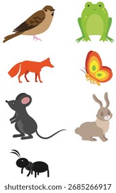 Conjunto de 9 ícones editáveis simples, tais como rã, coelho, rã, ouriço, borboleta
