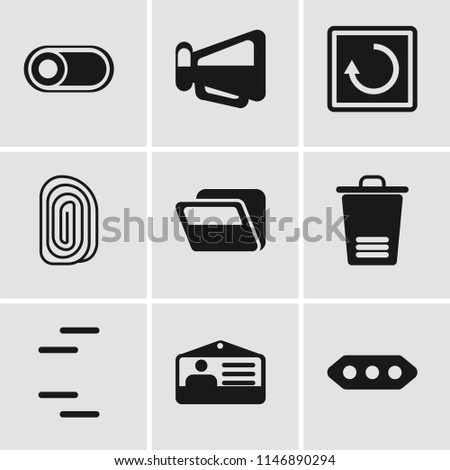 Set Of 9 simple editable icons such as More, Id card, Trash, Folder, Fingerprint, Restart, Megaphone, Switch, can be used for mobile, pixel perfect vector icon pack