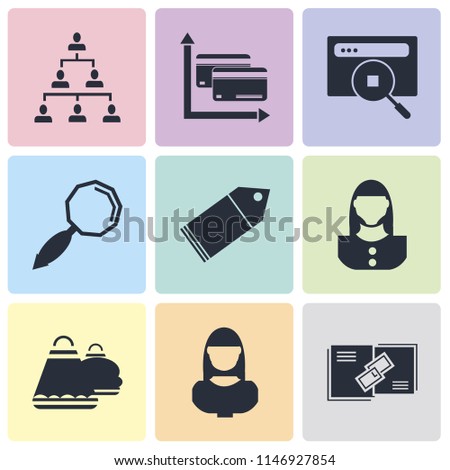Set Of 9 simple editable icons such as Link, User, Shopping bag, Tag, Search, Browser, Cit card, Hierarchical structure, can be used for mobile, pixel perfect vector icon pack
