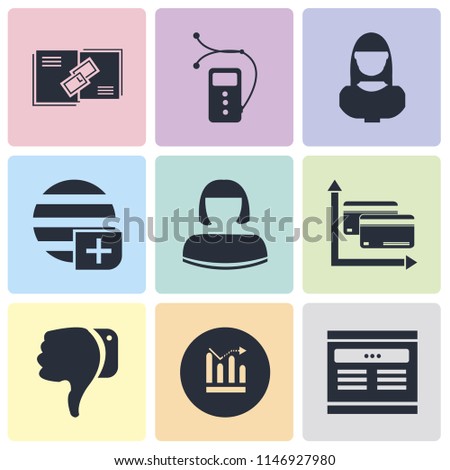 Set Of 9 simple editable icons such as Browser, Diagrams, Dislike, Cit card, User, Worldwide, Video player, Link, can be used for mobile, pixel perfect vector icon pack