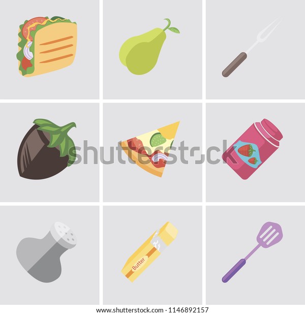 Set Of 9 simple editable icons\
such as Spatula, Butter, Salt, Jam, Pizza, Hazelnut, Fork, Pear,\
Taco, can be used for mobile, pixel perfect vector icon\
pack