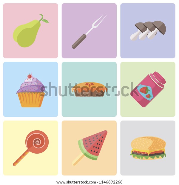 Set Of 9\
simple editable icons such as Hamburguer, Ice cream, Jawbreaker,\
Jam, Pie, Cupcake, Mushrooms, Fork, Pear, can be used for mobile,\
pixel perfect vector icon\
pack