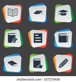 Set Of 9 Simple Education Icons. Can Be Found Such Elements As Recommended Reading, Academic Cap, Notebook And Other.