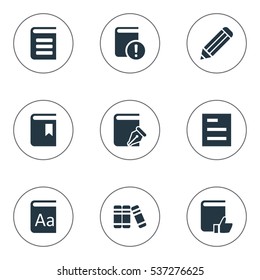 Set Of 9 Simple Education Icons. Can Be Found Such Elements As Alphabet, Bookshelf, Sketchbook And Other.