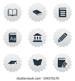 Set Of 9 Simple Education Icons. Can Be Found Such Elements As Sketchbook, Reading, Library And Other.