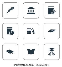 Set Of 9 Simple Education Icons. Can Be Found Such Elements As Reading, Bookshelf, Notebook And Other.