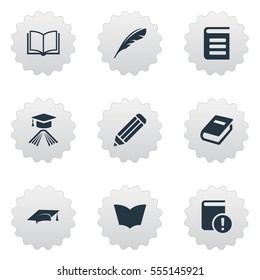 Set Of 9 Simple Education Icons. Can Be Found Such Elements As Pen, Notebook, Plume And Other.