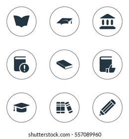 Set Of 9 Simple Education Icons. Can Be Found Such Elements As Academic Cap, Academic Cap, Recommended Reading And Other.