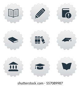 Set Of 9 Simple Education Icons. Can Be Found Such Elements As Academic Cap, Reading, Library And Other.