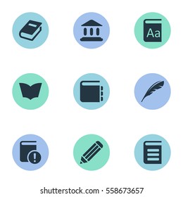 Set Of 9 Simple Education Icons. Can Be Found Such Elements As Encyclopedia, Alphabet, Important Reading And Other.