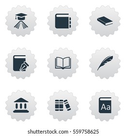 Set Of 9 Simple Education Icons. Can Be Found Such Elements As Blank Notebook, Library, Plume And Other.