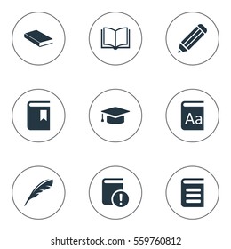 Set Of 9 Simple Education Icons. Can Be Found Such Elements As Plume, Important Reading, Academic Cap And Other.