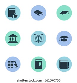 Set Of 9 Simple Education Icons. Can Be Found Such Elements As Bookshelf, Book Page, Recommended Reading And Other.