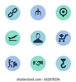 Set Of 9 Simple Engineering Icons. Can Be Found Such Elements As Departure, Shipping Vehicle, Air Transport And Other.