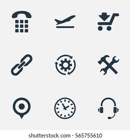 Set Of 9 Simple Engineering Icons. Can Be Found Such Elements As Period, Headphone, Dial Phone Numbers And Other.