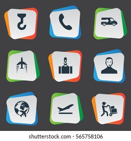 Set Of 9 Simple Engineering Icons. Can Be Found Such Elements As Flying, Employee, Departure And Other.